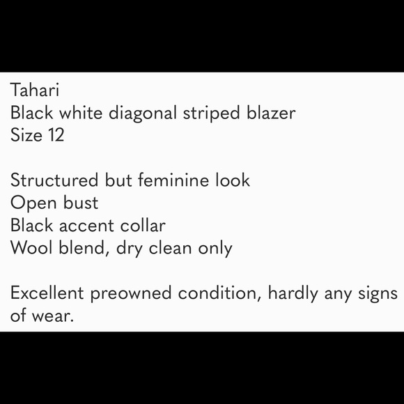 TAHARI Black & White Diagonal Stripe Wool Blend open front Blazer w Black Collar - Picture 9 of 9